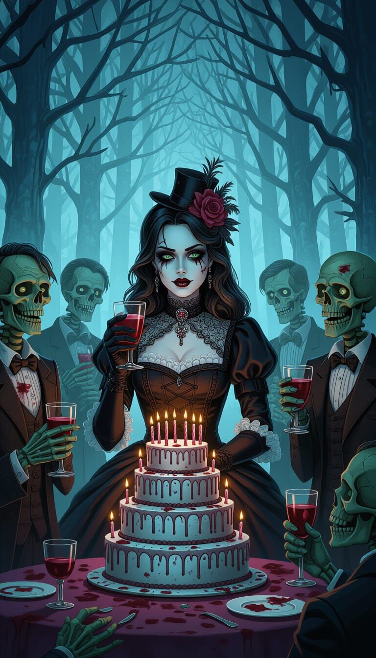 Gothic Zombies Celebrate Birthday in Foggy Forest