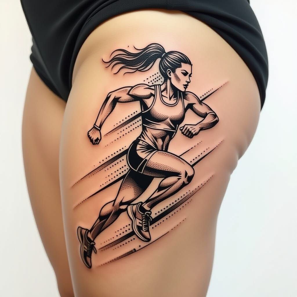 Black and White Runner Tattoo Design on Thigh