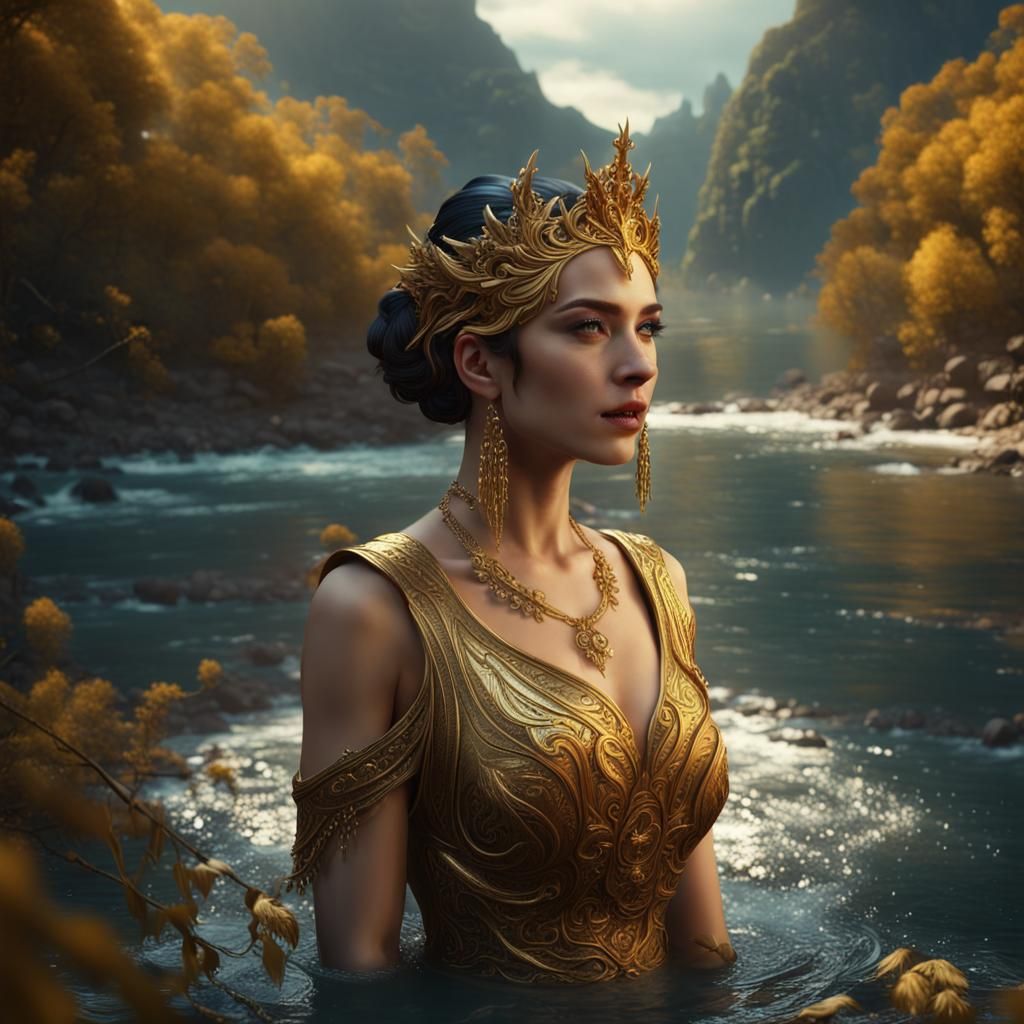 Mythological Woman Brushing Her Hair by a River