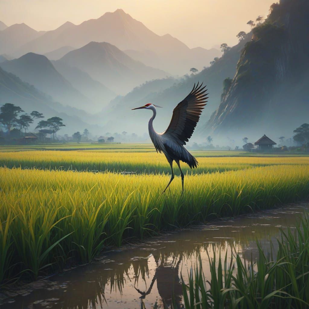 Crane Bird in Rice Paddies: Splash Art Style
