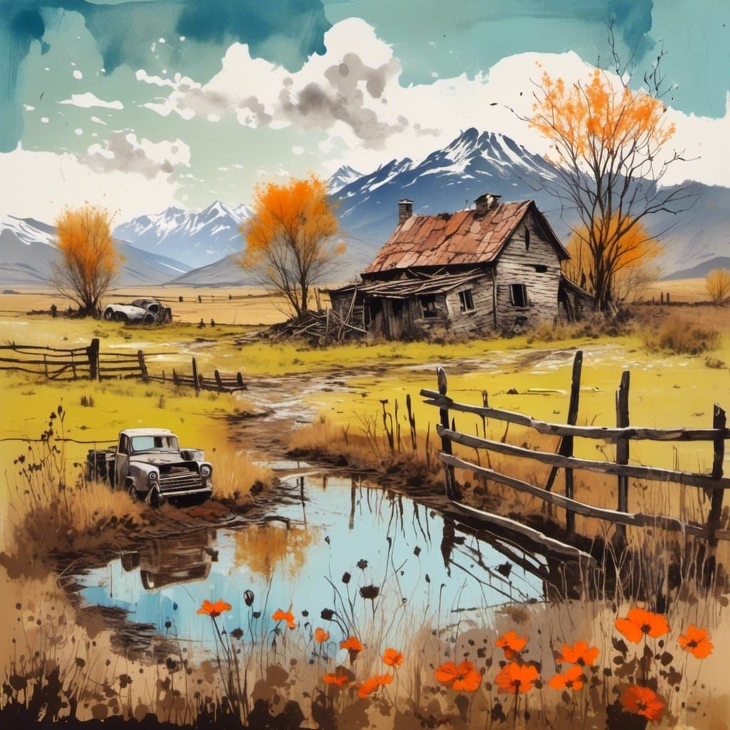 Gouache Painting of Abandoned Farm Landscape