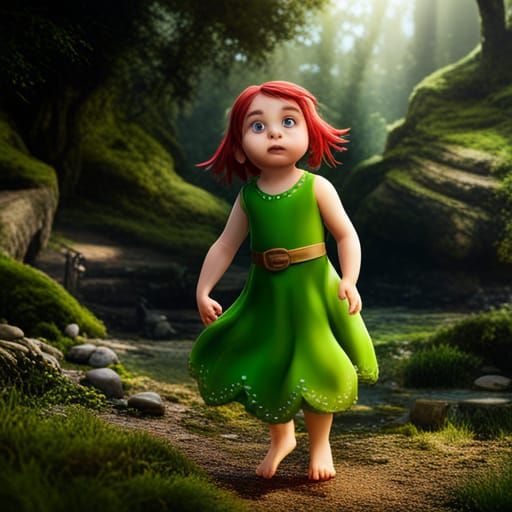 Barefoot Girl in Green Dress: Fantasy Concept Art