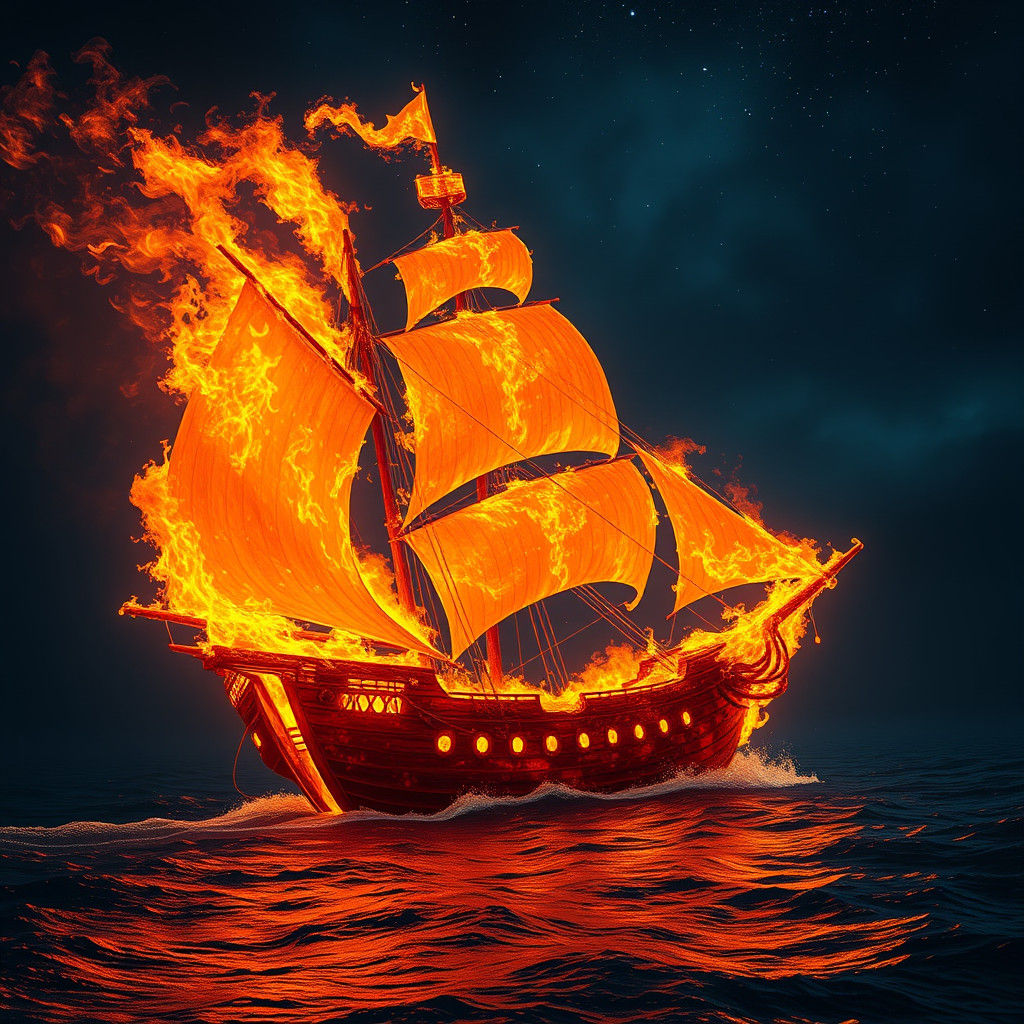 Fiery Ghost Pirate Ship Sailing a Dark Ocean