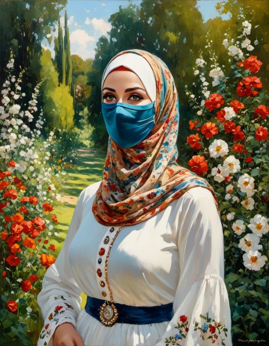 Woman with Facemask in Mystic Garden, Oil Painting