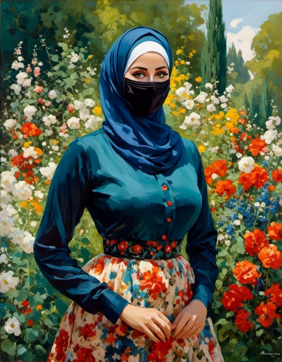 Mystic Garden: Hijabi Woman with Facemask in Oil Painting