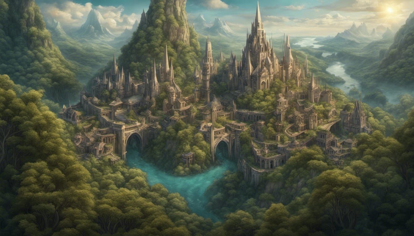 Elven City Rises from Wooded Hills: Matte Painting