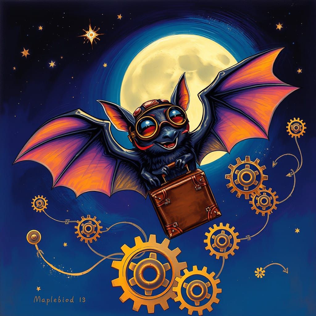 Friendly Bat Soars Through Futuristic Night Sky in Whimsical...