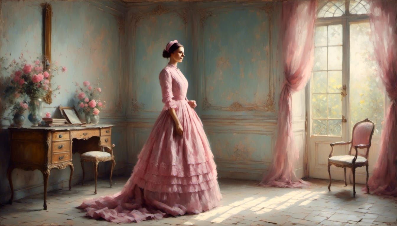 Elegant Woman in Pink Dress: Impressionist Portrait