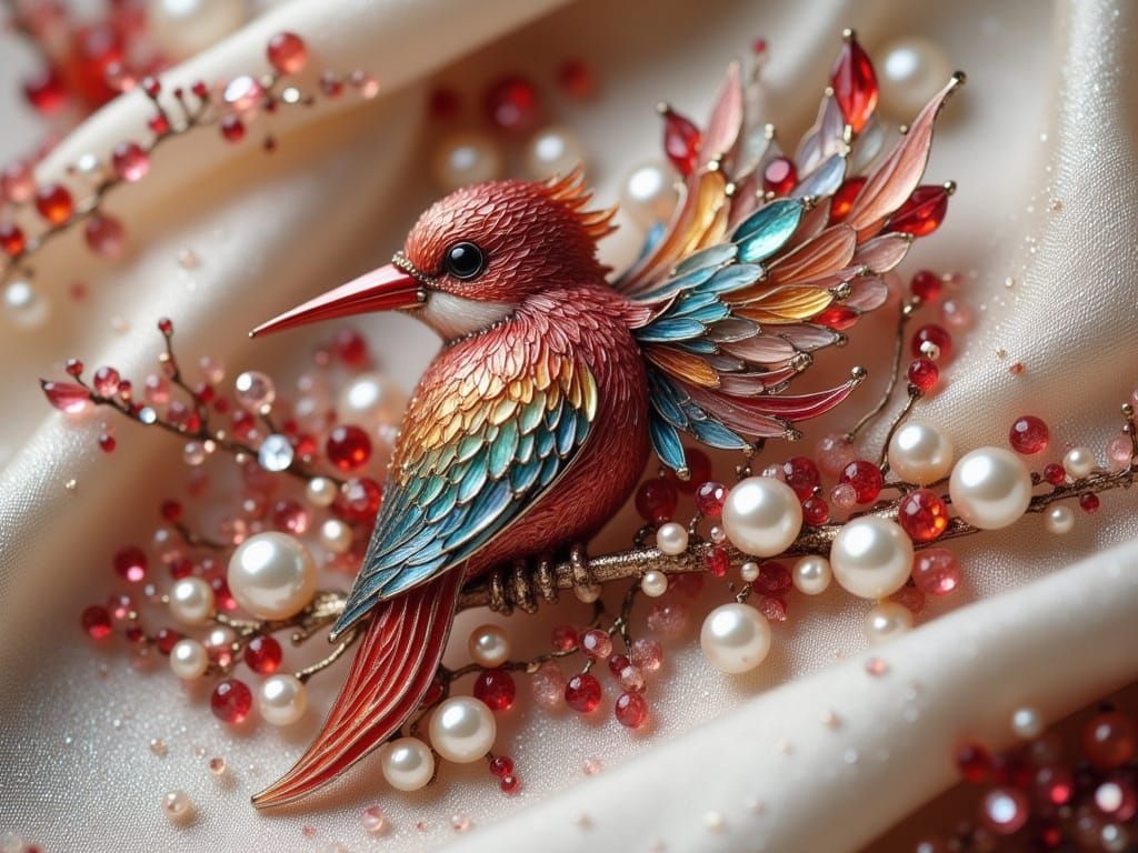 Intricate Kingfisher Hairpin with Pearls on Silk