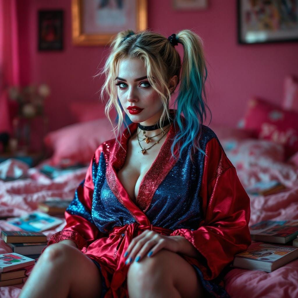 Harley Quinn Poses in Pink Bedroom Photorealistic Style