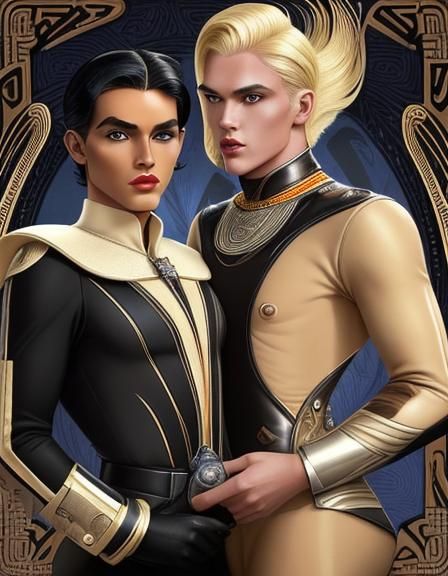 Retrofuturistic Art Deco Couple in Vintage Sci-Fi Style