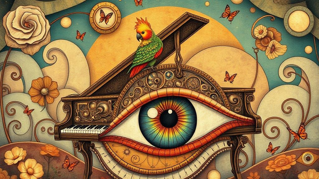 Dreamlike Cockatoo on Ornate Piano in Whimsical Surrealist L...