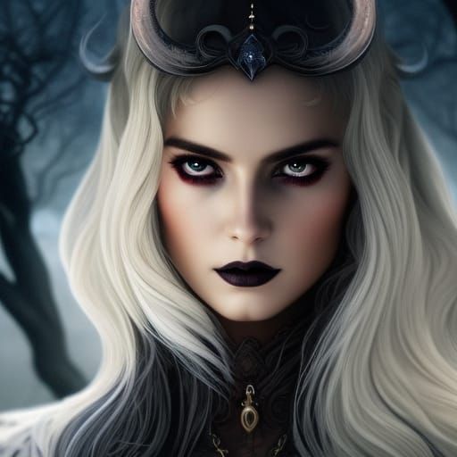 Beautiful Witch Portrait under Moonlight, Art Nouveau Style