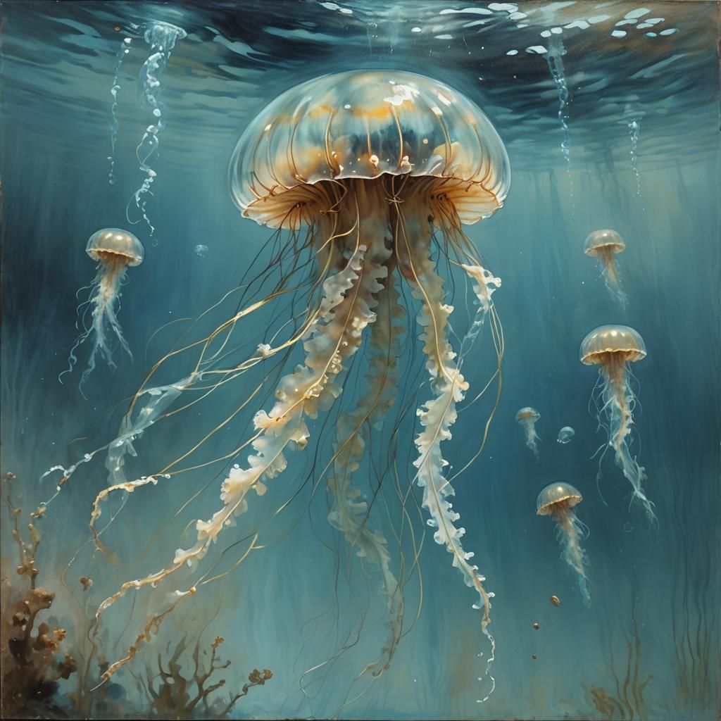 Bioluminescent Jellyfish in Blue Ocean Oil Painting