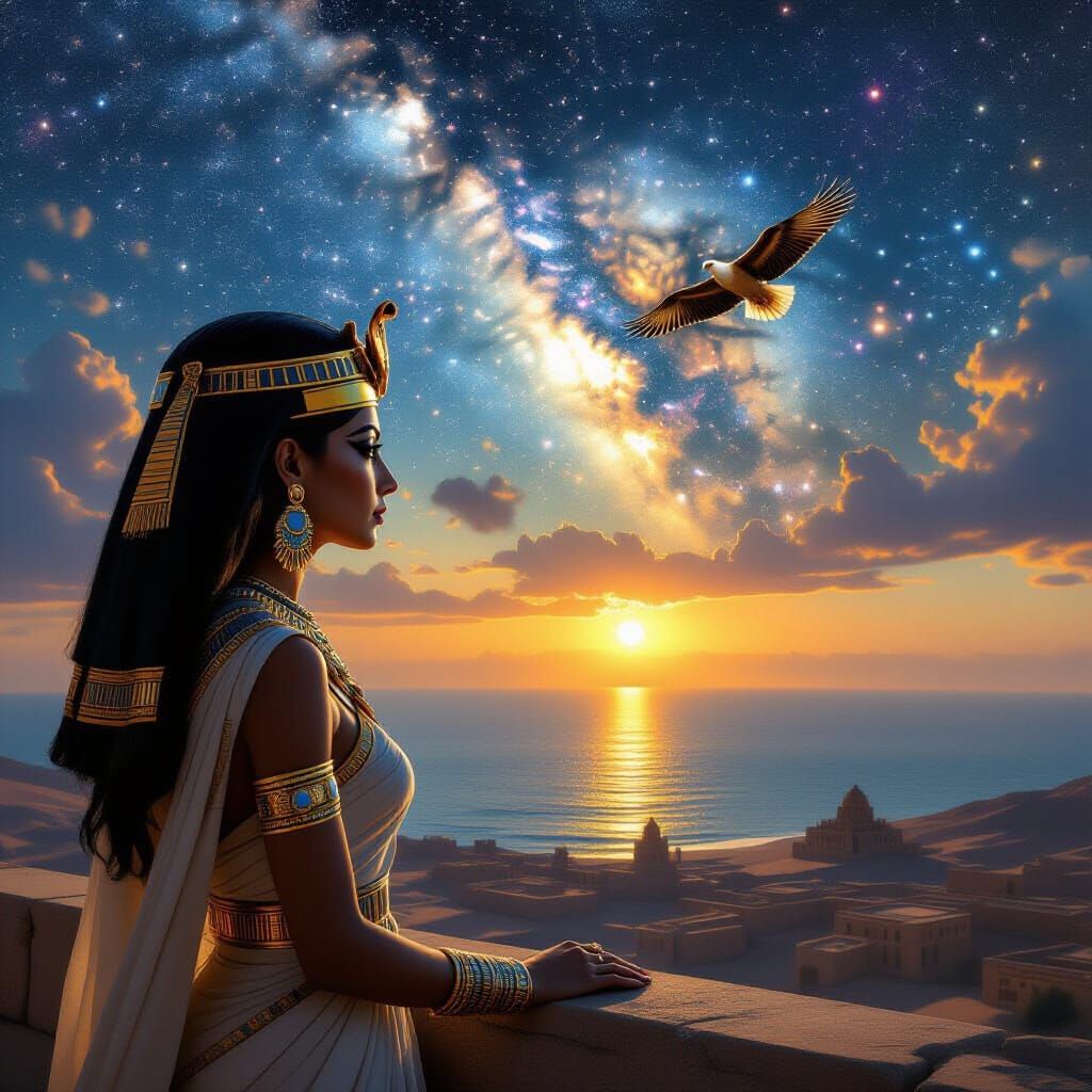 Egyptian Queen Surveys Cosmic Sea from Tower