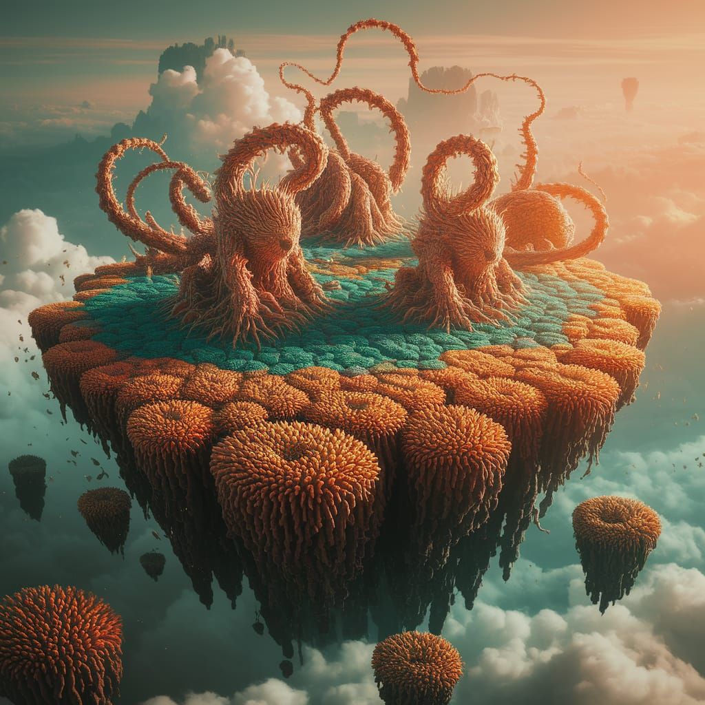 Floating Coral Island with Golems in Lush Detail