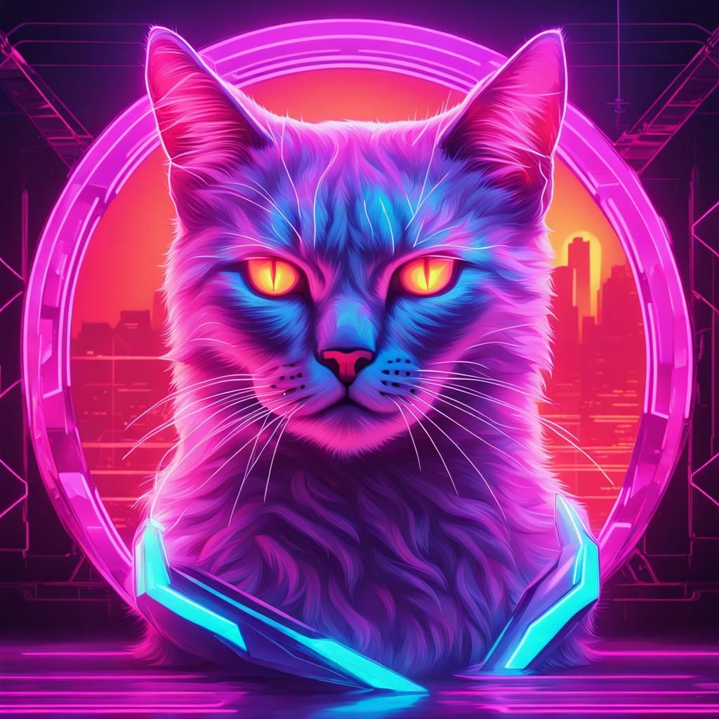 Futuristic Crystal Cat in Synthwave Neon Style