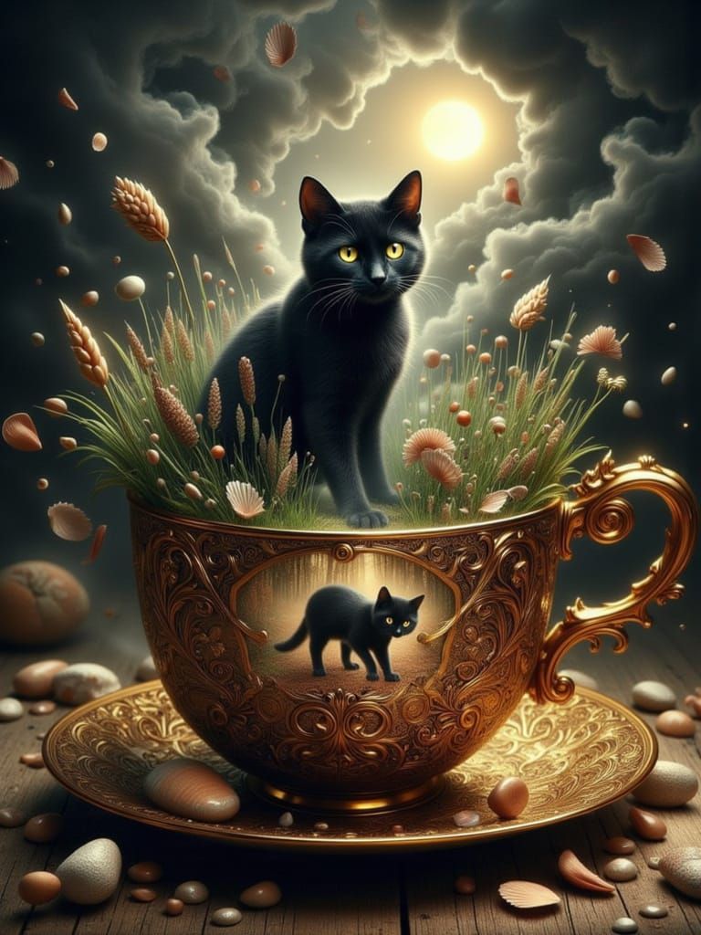 Woman Fills Teacup, Cat Appears in Steam: Digital Matte Pain...
