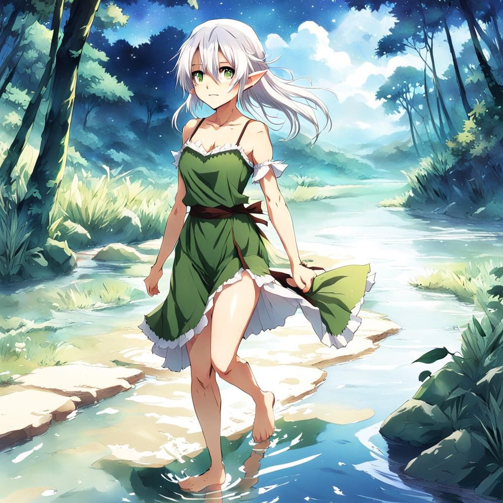 Delighted Young Elf in Lush River Scene