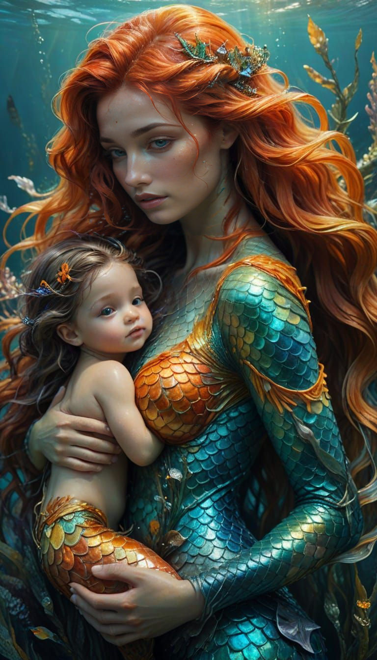 Mermaid Mother with Baby in Underwater Scene