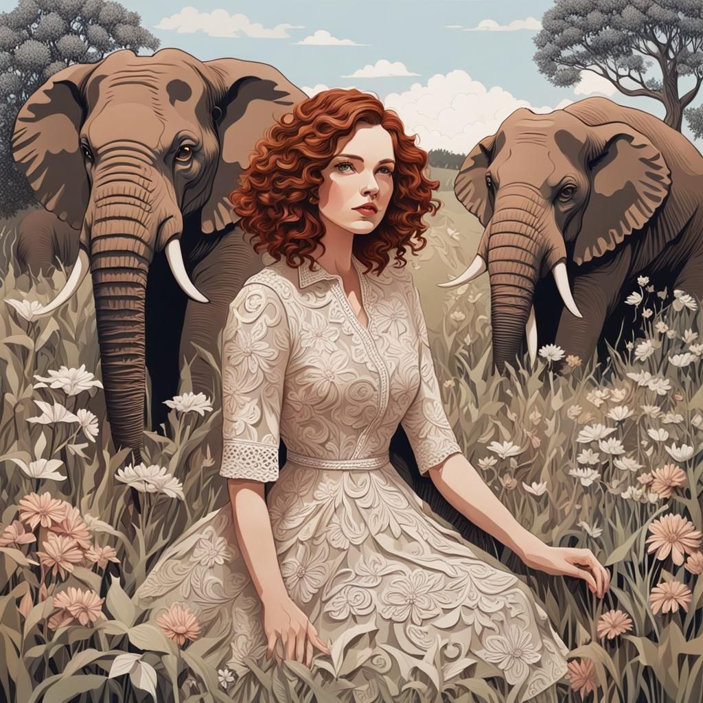 Paper Cut Image: Woman in Field with Elephants