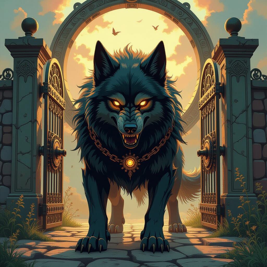 Mechanical Cerberus Guards Underworld Gates in Art Nouveau S...