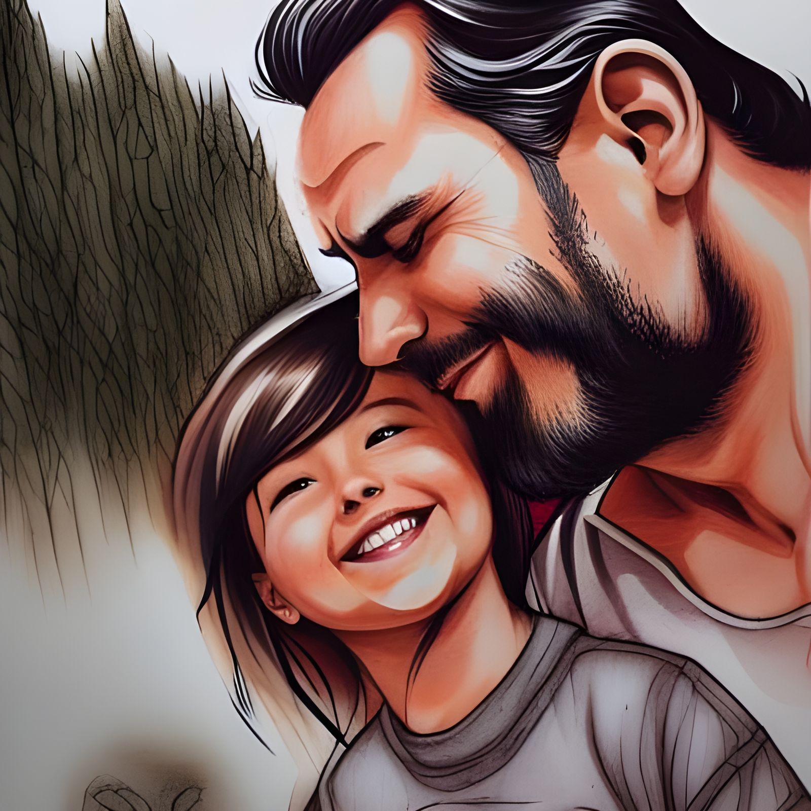 Father and Daughter Kiss Illustration in Colored Pencil Styl...