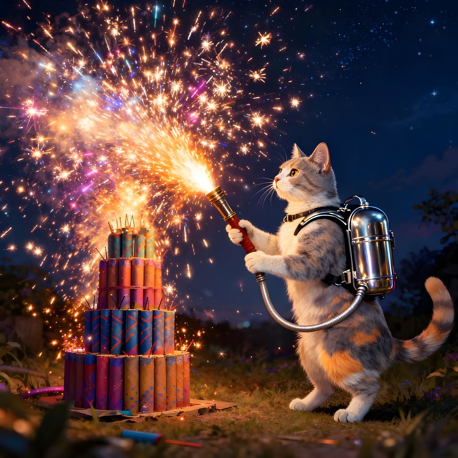 Dilute Tortie Cat Ignites Fireworks with Chrome Backpack Tor...