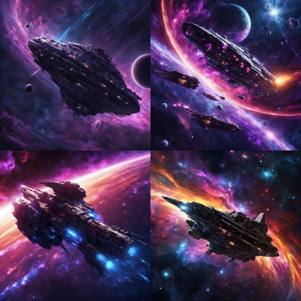 Lonely Dark Starship in Vast Deep Space Nebula