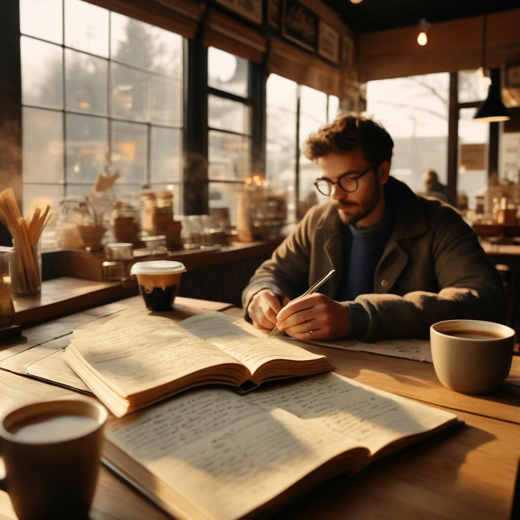 Cozy Coffee Shop Scene with Handwritten Guidebook