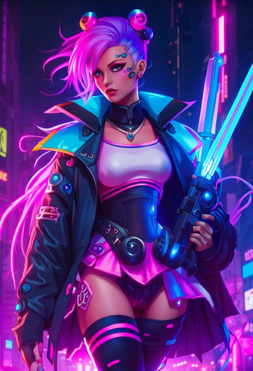 Cyberpunk Woman in Neon Sailor Uniform with Katana