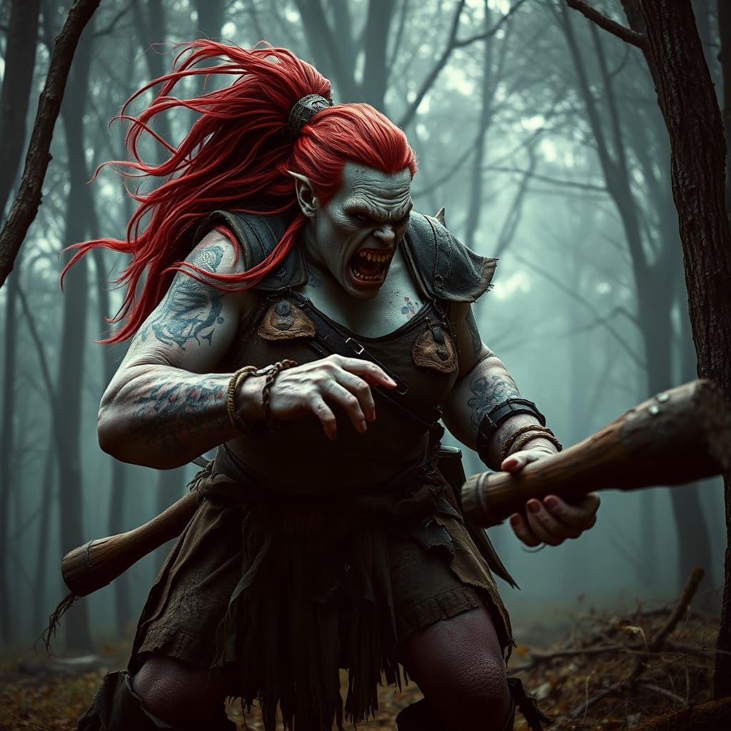 Gruesome Female Ogre Attacks in Dark Woodland