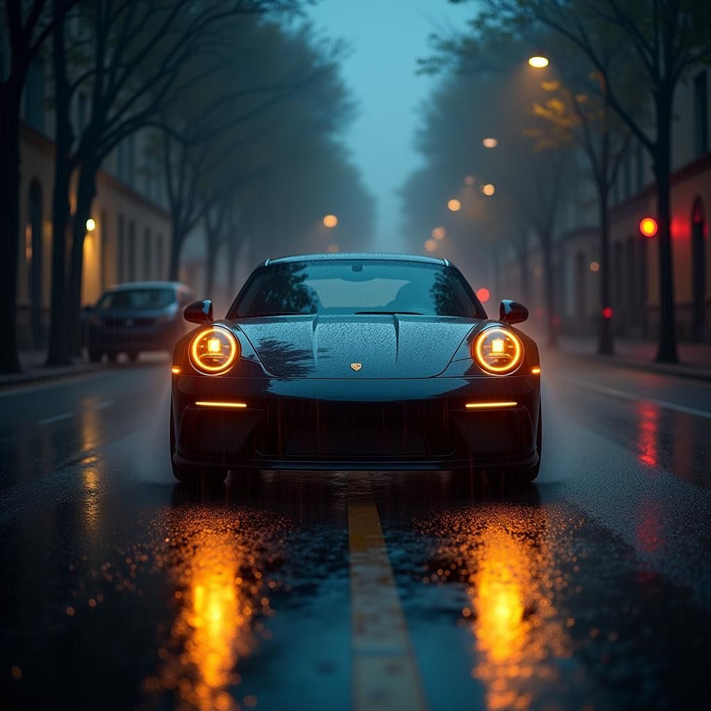 Black Porsche on Rain-Soaked Street with Cinematic Lighting