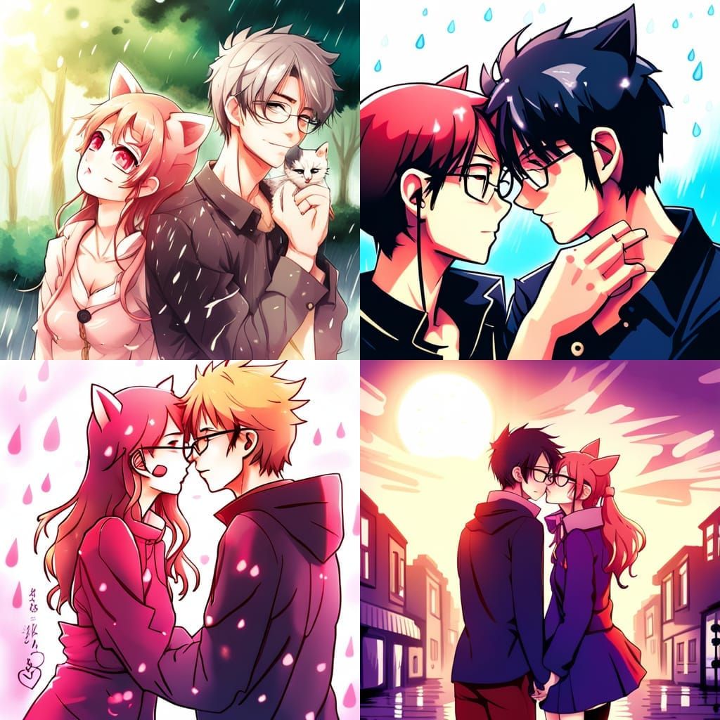Romantic Anime Couple Kissing in the Rain