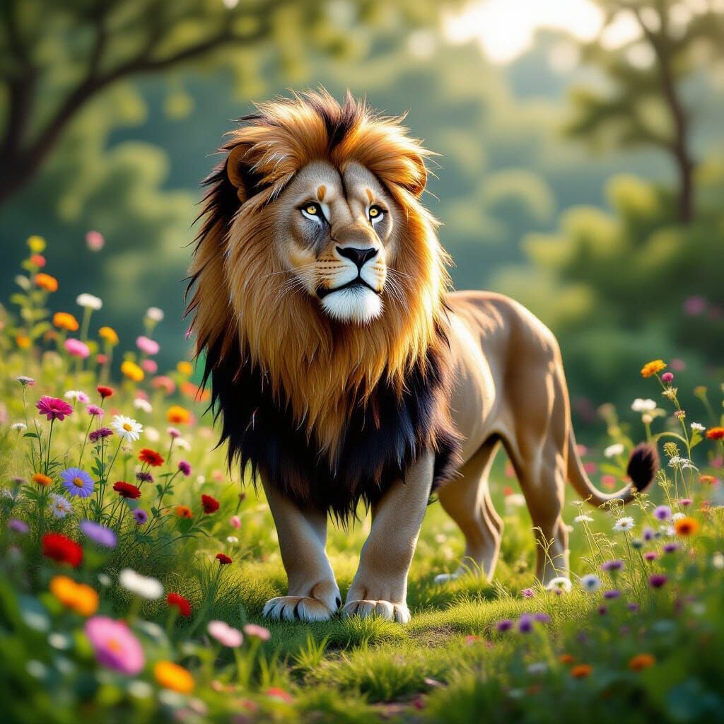 Beaded Lion on Grassy Knoll in Art Nouveau Style