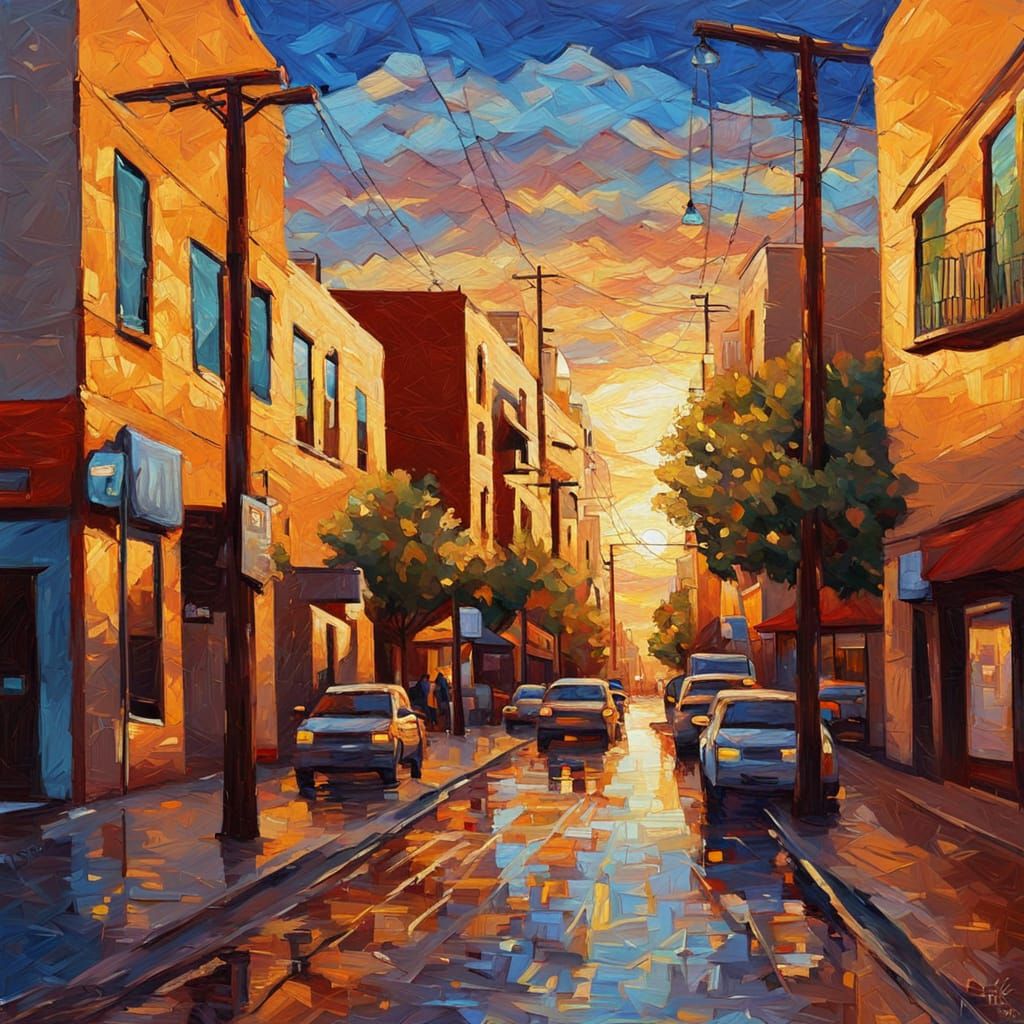 Tucson City Sunset: Neo-Impressionist Oil Painting