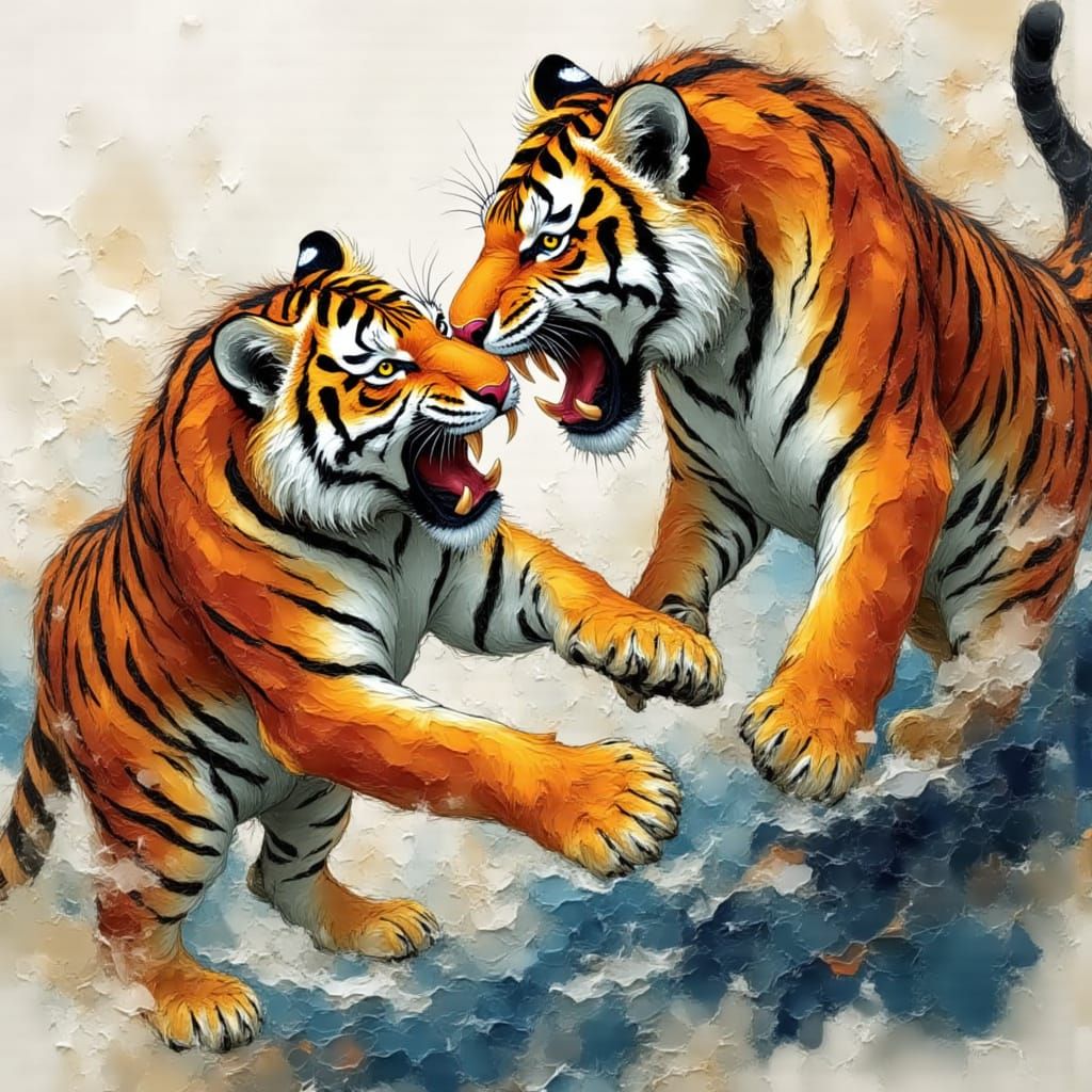 Tigers Fighting in Paper Quilling and Wayang Art Style