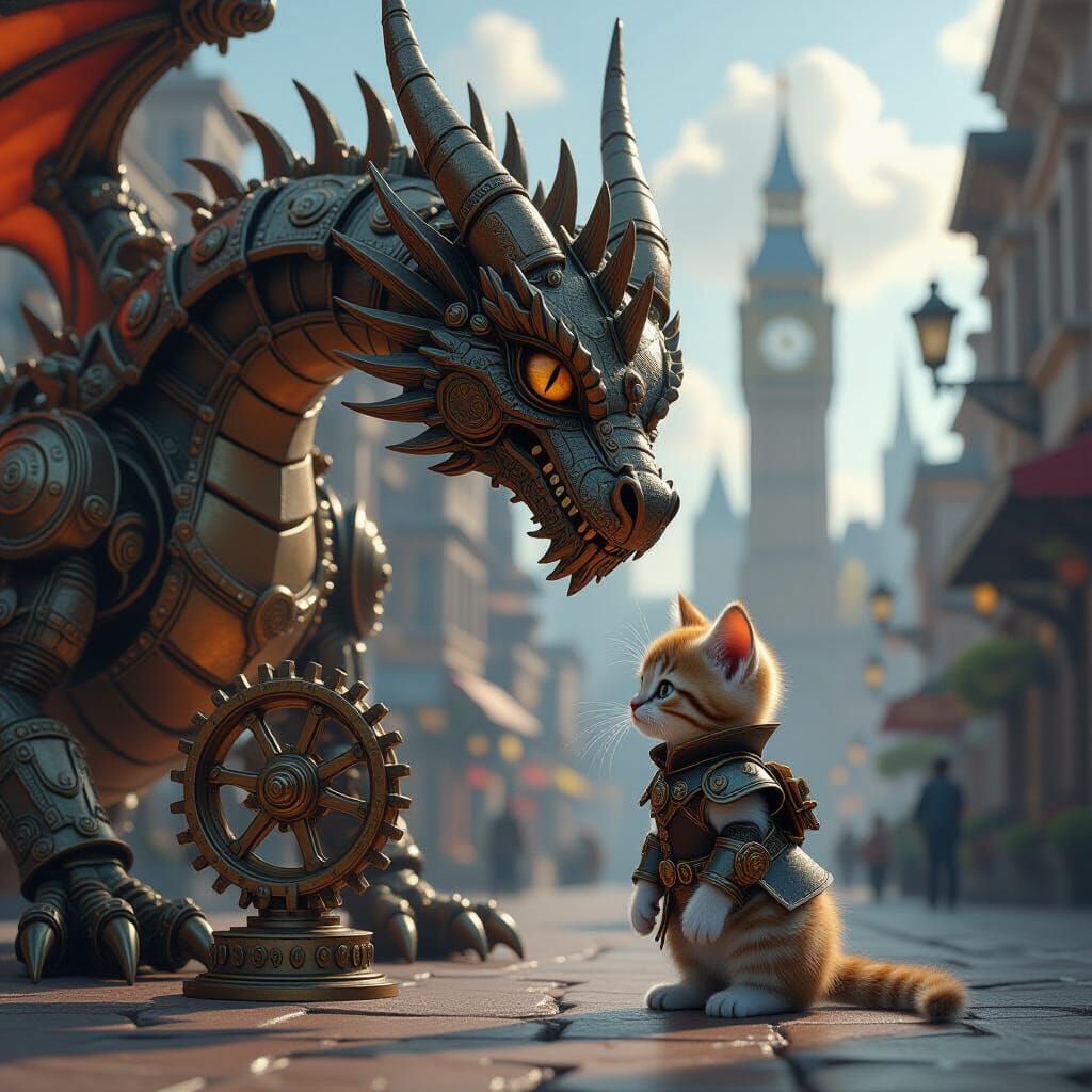Steampunk Kitten Confronts Clockwork Dragon: 3D Digital Art