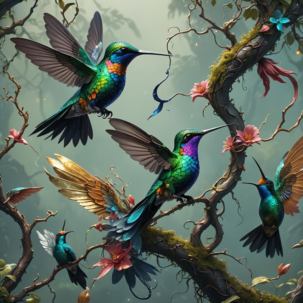Glass-textured Hummingbird-Snake Hybrid: Fantasy Concept Art