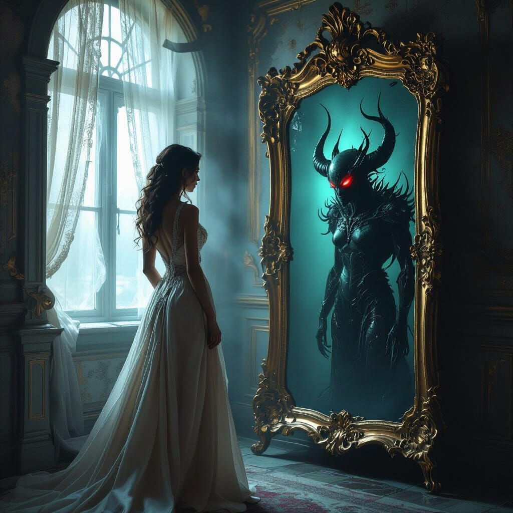 Mystical Reflection: Woman and Demon in Ornate Room