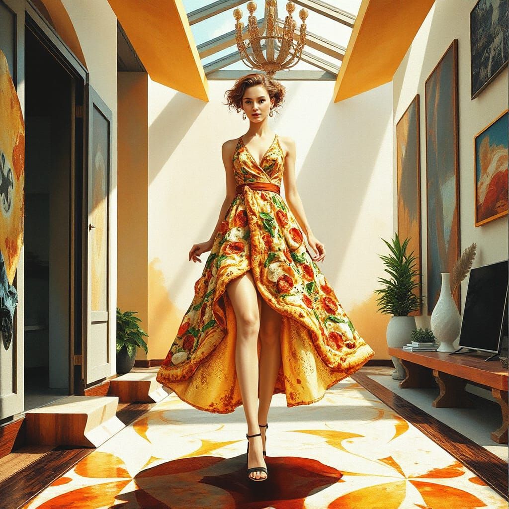 Seafood Pizza Dress on Catwalk: Gouache Impressionist Style