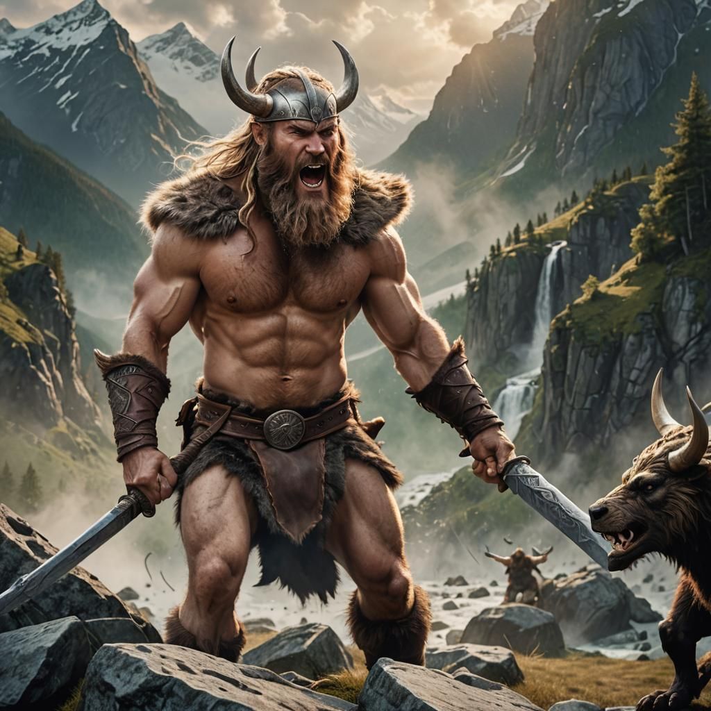 Viking Warrior Battles Monster in Misty Mountains