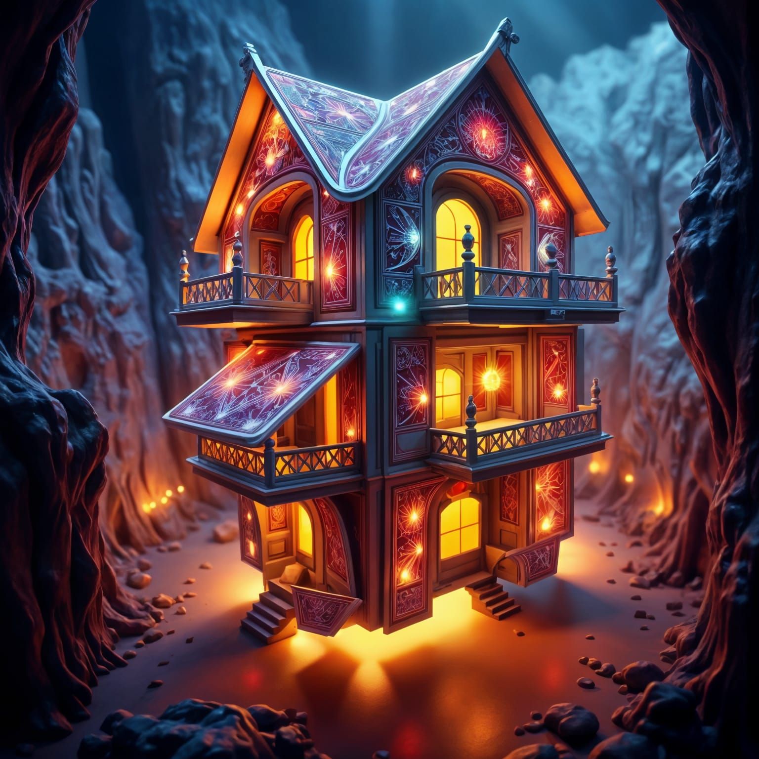 Arcane Cards Mansion in Hyperrealistic Style