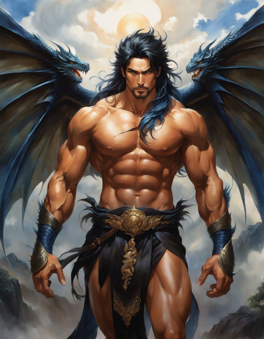 Half-Dragon Warrior with Wings Unfurls in Digital Watercolor...