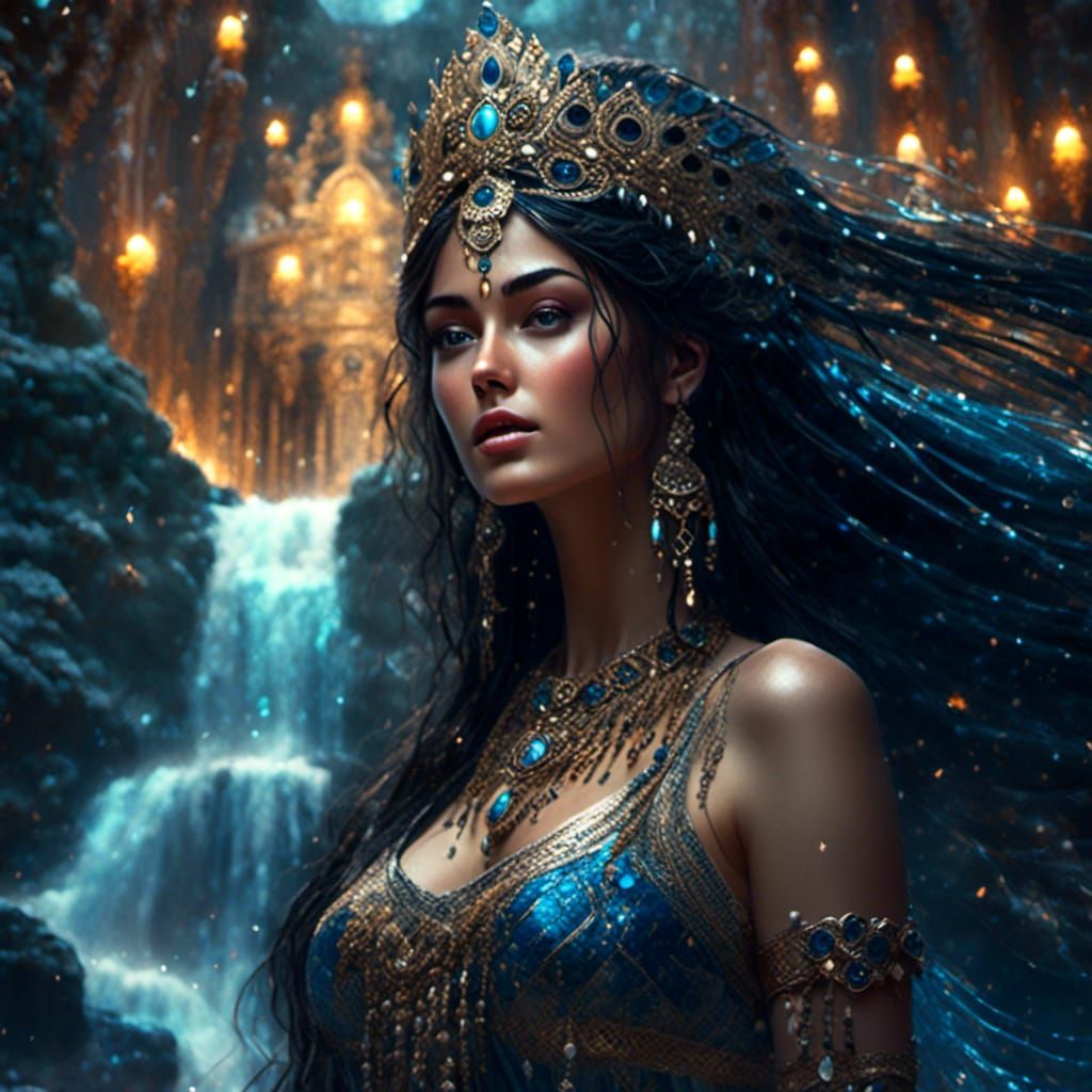 Persian Princess with Peacock Feathers Under Starry Sky