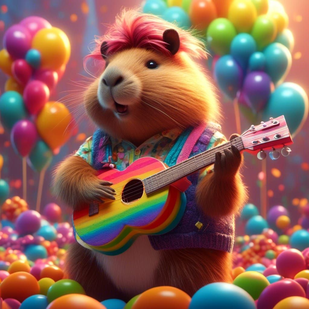 Capybara in Beatles Wig Plays Guitar in Candy Art