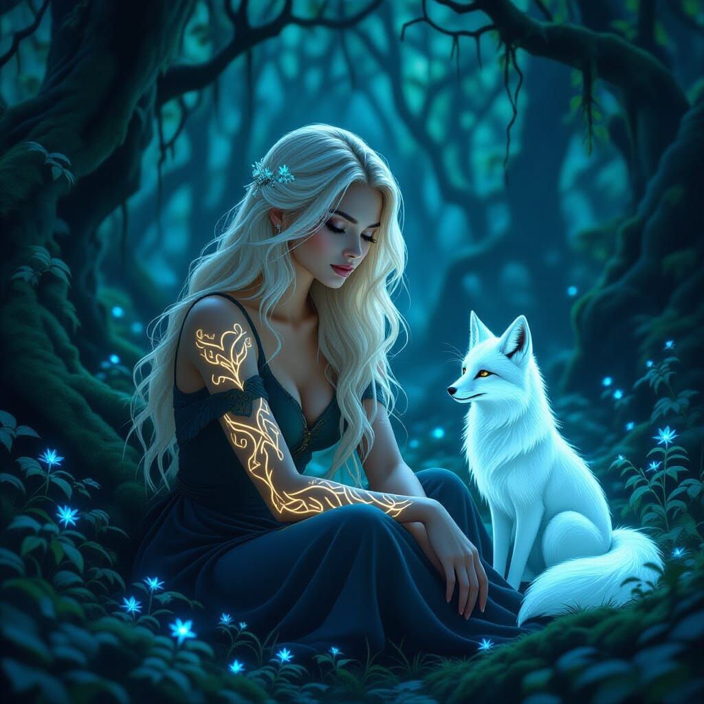 Ethereal Forest Scene with Spectral Fox and Glowing Scars