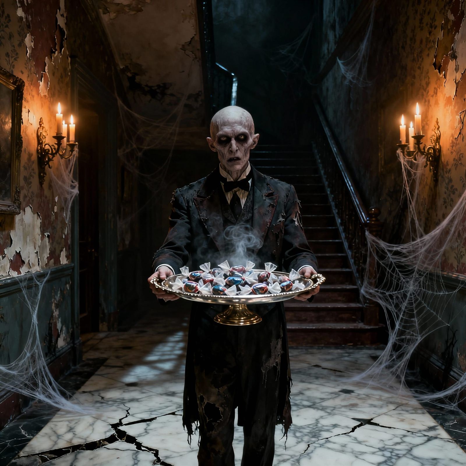 Undead Butler Offers Eerie Candies in Victorian Foyer