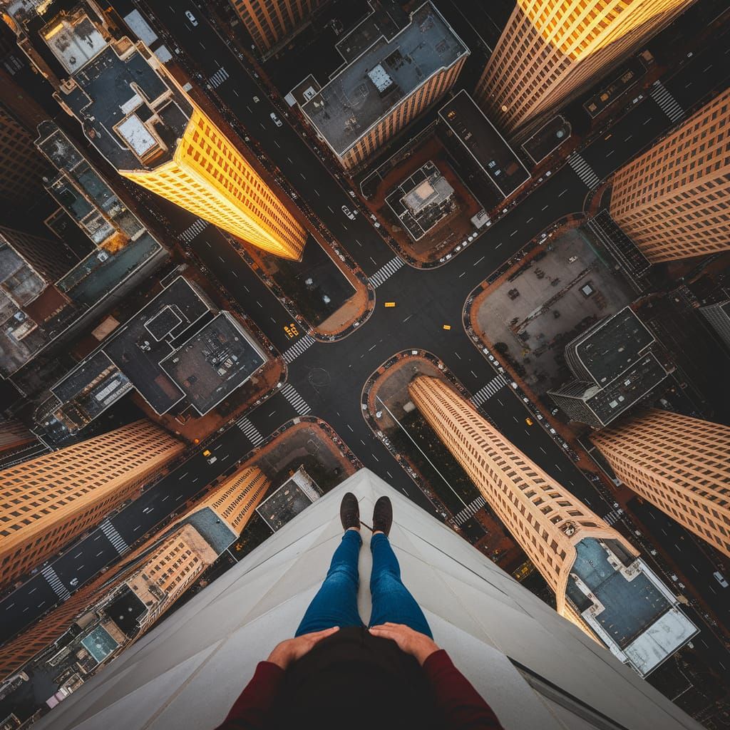 Aerial View: Man on Skyscraper Edge