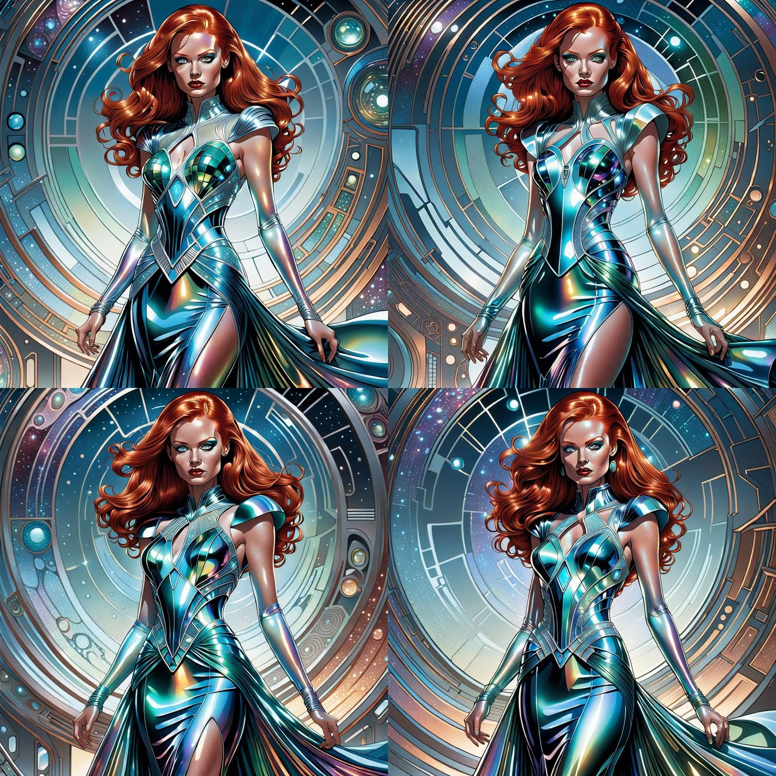 Futuristic Redhead in Iridescent Gown: Comic Art